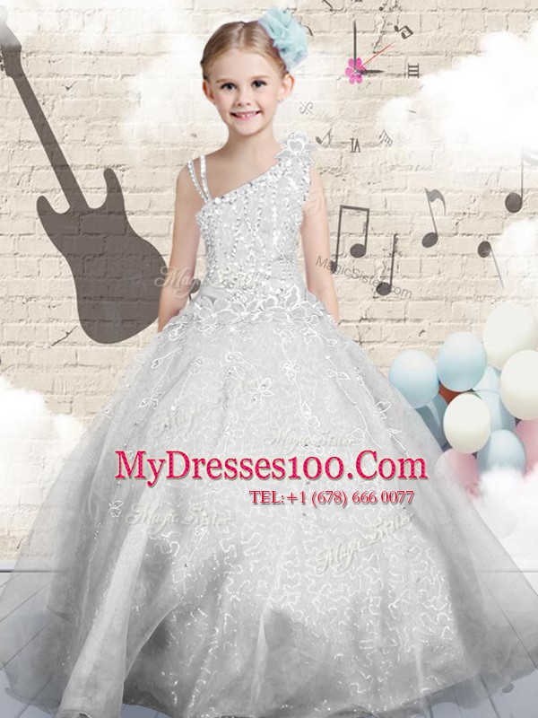 High Class Floor Length Ball Gowns Sleeveless Silver Flower Girl Dresses for Less Lace Up