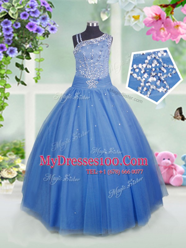 Romantic Baby Blue Ball Gowns Asymmetric Sleeveless Tulle Floor Length Side Zipper Beading Toddler Flower Girl Dress
