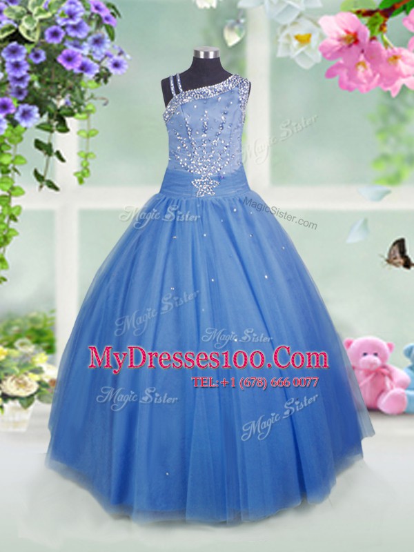 Romantic Baby Blue Ball Gowns Asymmetric Sleeveless Tulle Floor Length Side Zipper Beading Toddler Flower Girl Dress
