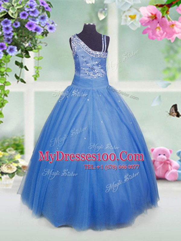 Romantic Baby Blue Ball Gowns Asymmetric Sleeveless Tulle Floor Length Side Zipper Beading Toddler Flower Girl Dress