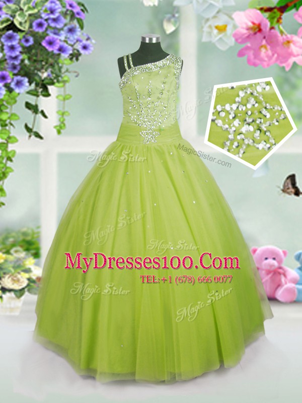 Top Selling Ball Gowns Flower Girl Dresses Apple Green Asymmetric Tulle Sleeveless Floor Length Side Zipper