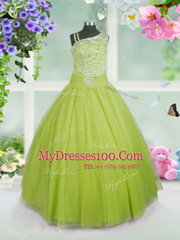 Top Selling Ball Gowns Flower Girl Dresses Apple Green Asymmetric Tulle Sleeveless Floor Length Side Zipper