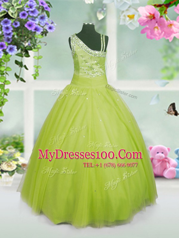 Top Selling Ball Gowns Flower Girl Dresses Apple Green Asymmetric Tulle Sleeveless Floor Length Side Zipper
