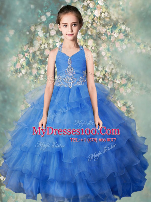 Excellent Baby Blue Halter Top Zipper Beading and Ruffled Layers Pageant Gowns For Girls Sleeveless