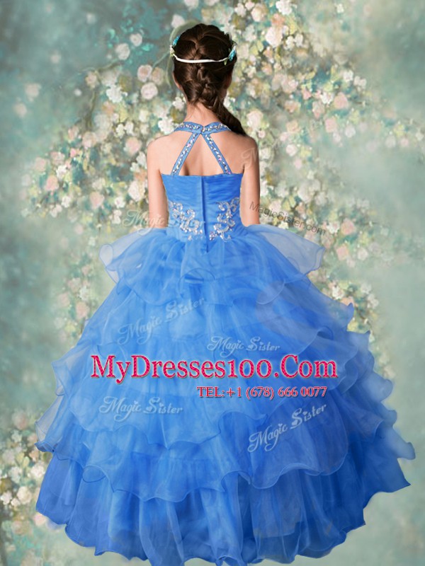 Excellent Baby Blue Halter Top Zipper Beading and Ruffled Layers Pageant Gowns For Girls Sleeveless