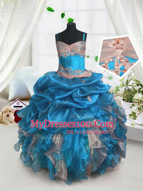 Custom Design Baby Blue Ball Gowns Beading and Ruffles and Pick Ups Flower Girl Dresses Lace Up Organza Sleeveless Floor Length