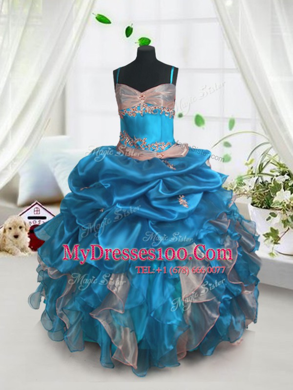 Custom Design Baby Blue Ball Gowns Beading and Ruffles and Pick Ups Flower Girl Dresses Lace Up Organza Sleeveless Floor Length