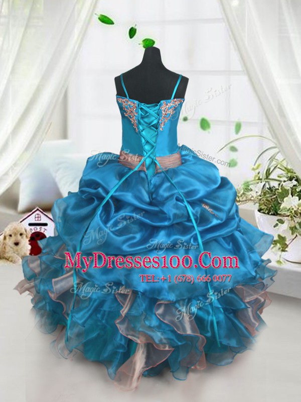 Custom Design Baby Blue Ball Gowns Beading and Ruffles and Pick Ups Flower Girl Dresses Lace Up Organza Sleeveless Floor Length