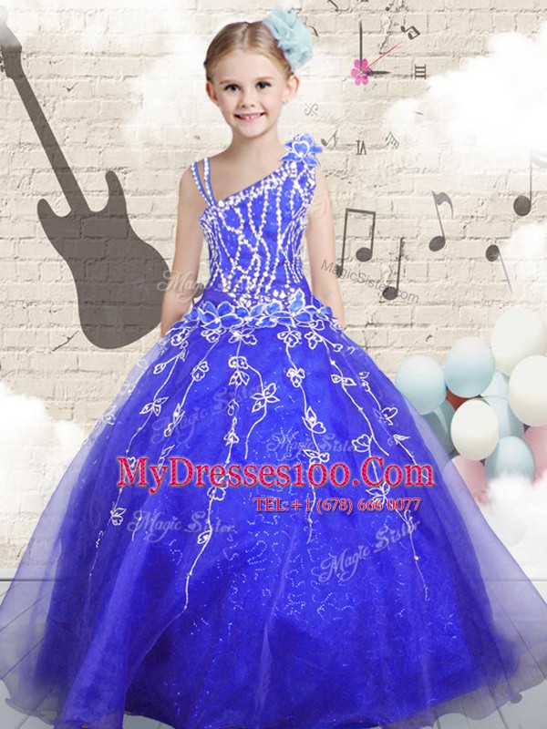 Eye-catching Sleeveless Organza Floor Length Lace Up Little Girls Pageant Gowns in Blue with Beading and Appliques and Hand Made Flower