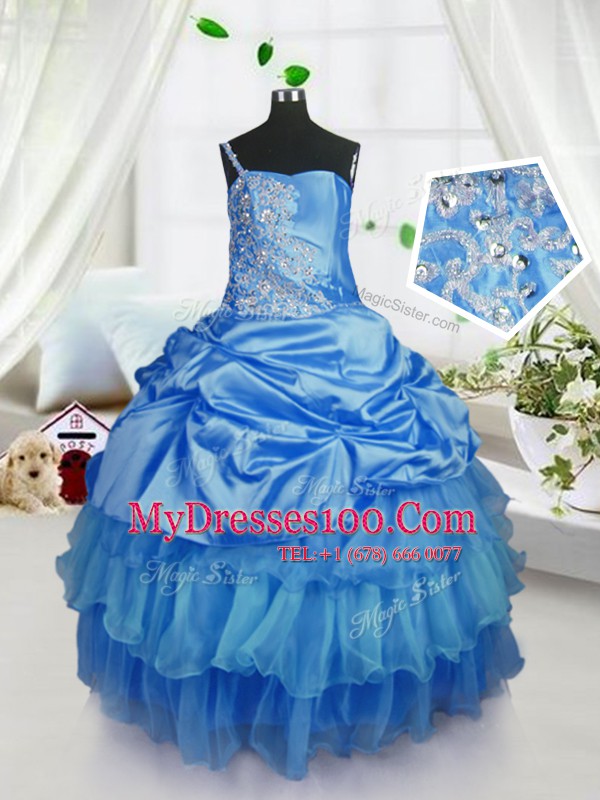 Gorgeous Floor Length Baby Blue Flower Girl Dresses Organza Sleeveless Beading and Ruffled Layers and Pick Ups
