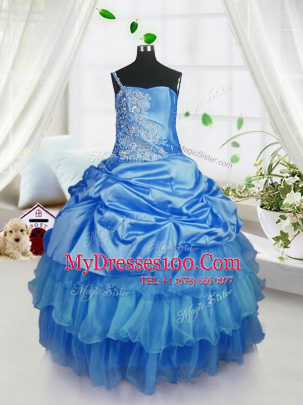 Gorgeous Floor Length Baby Blue Flower Girl Dresses Organza Sleeveless Beading and Ruffled Layers and Pick Ups