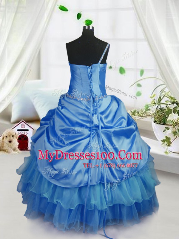 Gorgeous Floor Length Baby Blue Flower Girl Dresses Organza Sleeveless Beading and Ruffled Layers and Pick Ups