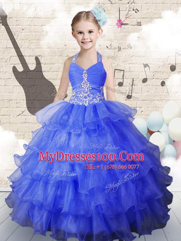 Fine Royal Blue Halter Top Lace Up Beading and Ruffled Layers Flower Girl Dress Sleeveless