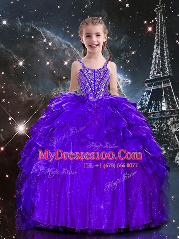 Beading and Ruffles Little Girl Pageant Gowns Dark Purple Lace Up Sleeveless Floor Length