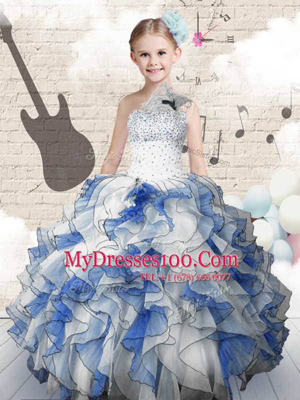 Stunning One Shoulder Sleeveless Lace Up Toddler Flower Girl Dress Blue And White Organza