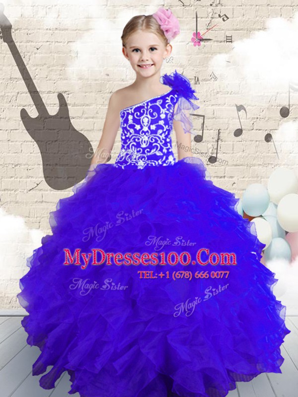 One Shoulder Floor Length Navy Blue Kids Formal Wear Organza Sleeveless Embroidery and Ruffles and Hand Made Flower