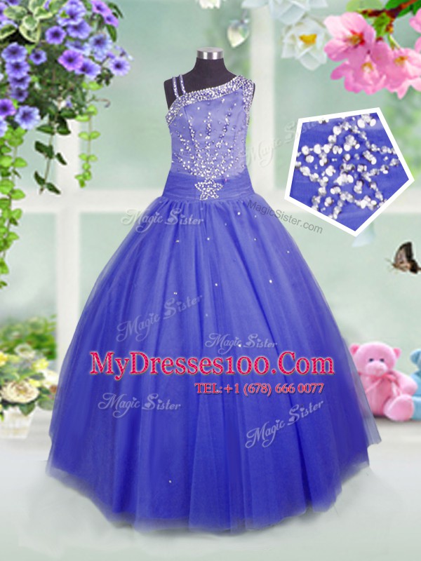 Sleeveless Tulle Floor Length Side Zipper Flower Girl Dresses for Less in Blue with Beading