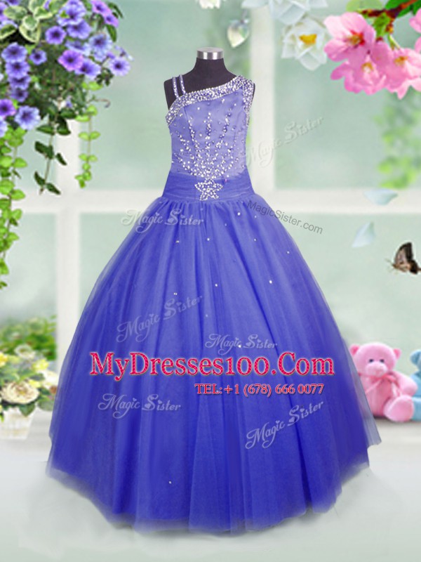 Sleeveless Tulle Floor Length Side Zipper Flower Girl Dresses for Less in Blue with Beading