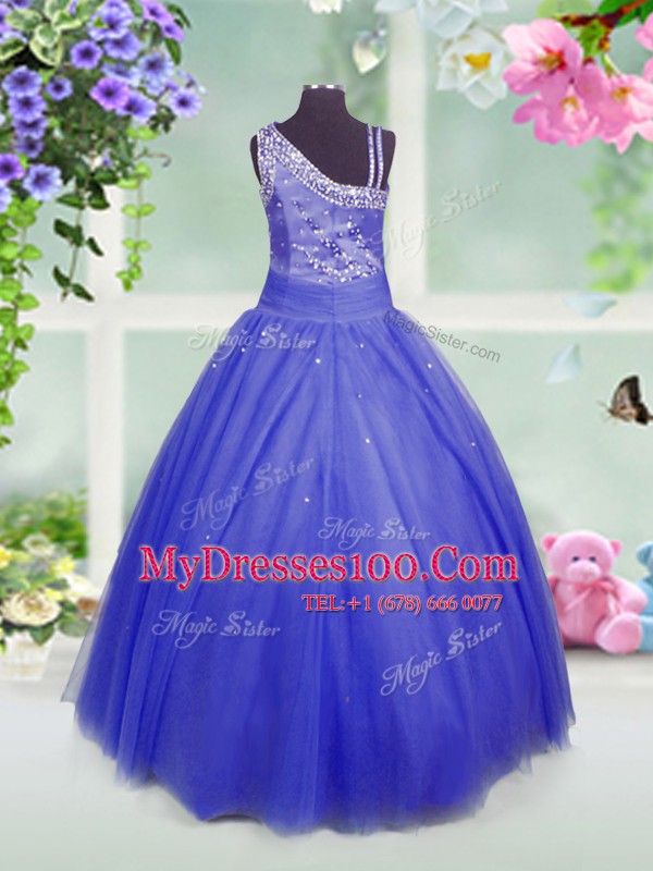 Sleeveless Tulle Floor Length Side Zipper Flower Girl Dresses for Less in Blue with Beading
