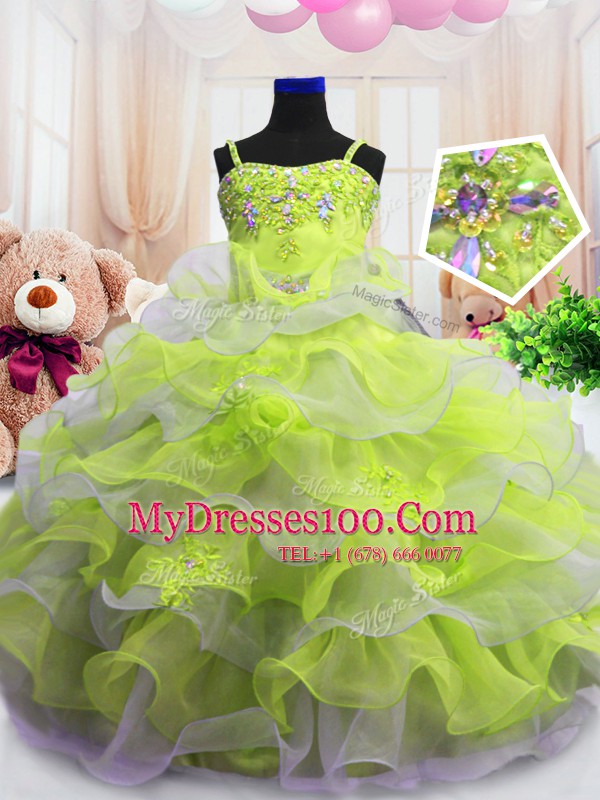 Captivating Light Yellow Ball Gowns Beading and Ruffled Layers Girls Pageant Dresses Zipper Organza Sleeveless Floor Length