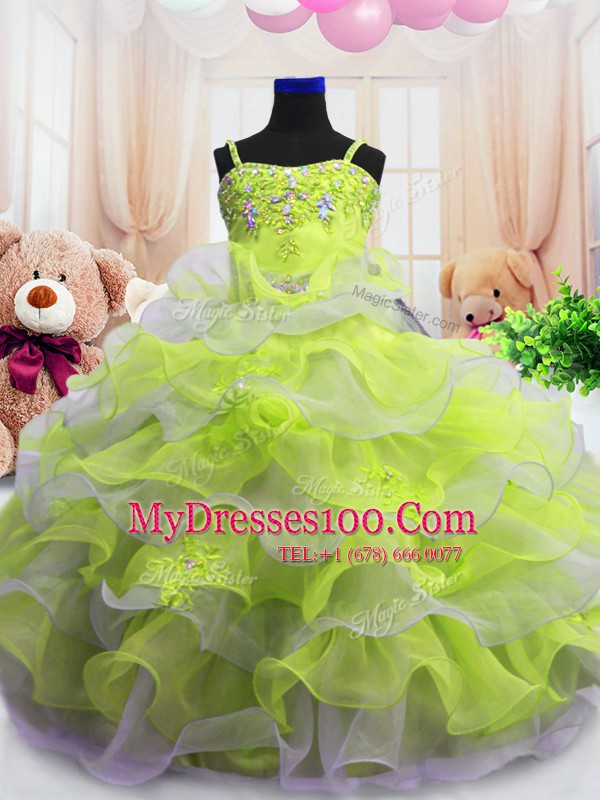 Captivating Light Yellow Ball Gowns Beading and Ruffled Layers Girls Pageant Dresses Zipper Organza Sleeveless Floor Length