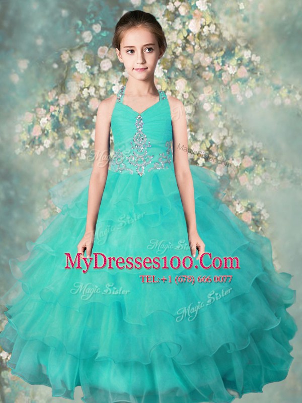 Halter Top Sleeveless Zipper Floor Length Beading and Ruffled Layers Little Girl Pageant Dress