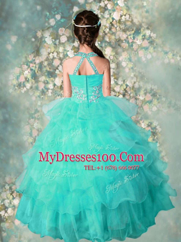 Halter Top Sleeveless Zipper Floor Length Beading and Ruffled Layers Little Girl Pageant Dress