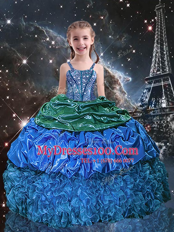Blue Spaghetti Straps Neckline Beading and Ruffles and Pick Ups Toddler Flower Girl Dress Sleeveless Lace Up