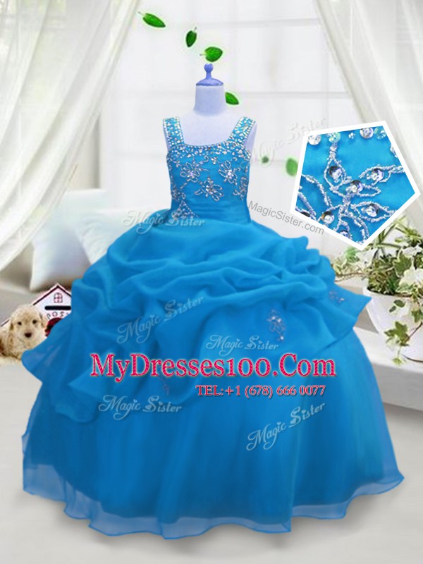 Aqua Blue Lace Up Straps Beading and Pick Ups Toddler Flower Girl Dress Organza Sleeveless
