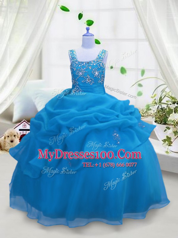 Aqua Blue Lace Up Straps Beading and Pick Ups Toddler Flower Girl Dress Organza Sleeveless