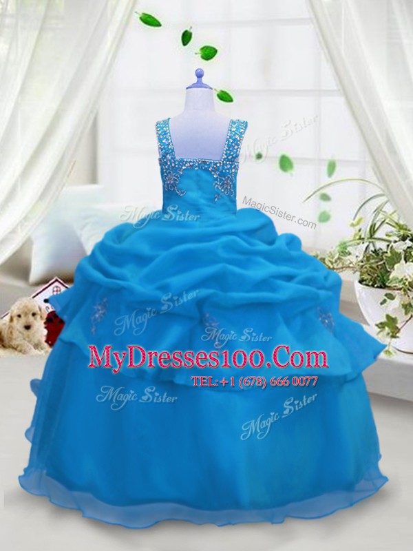 Aqua Blue Lace Up Straps Beading and Pick Ups Toddler Flower Girl Dress Organza Sleeveless