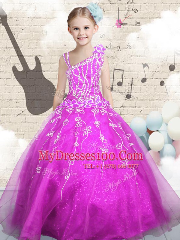 Excellent Fuchsia Lace Up Asymmetric Beading and Appliques and Hand Made Flower Little Girls Pageant Dress Wholesale Organza Sleeveless