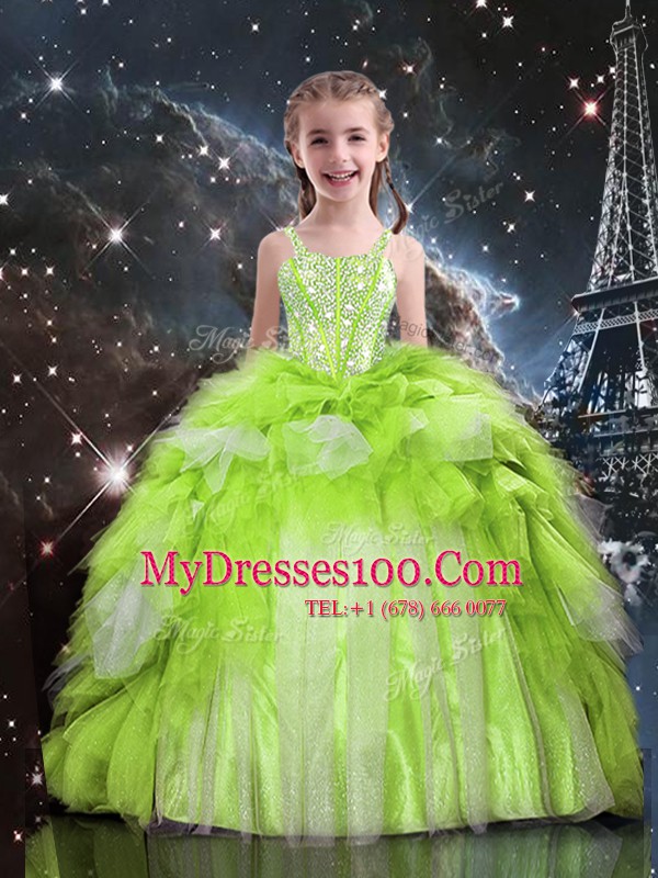 New Style Ruffled Spaghetti Straps Sleeveless Lace Up Flower Girl Dresses for Less Apple Green Tulle