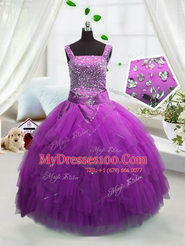 Delicate Fuchsia Sleeveless Beading and Ruffles Floor Length Flower Girl Dresses for Less