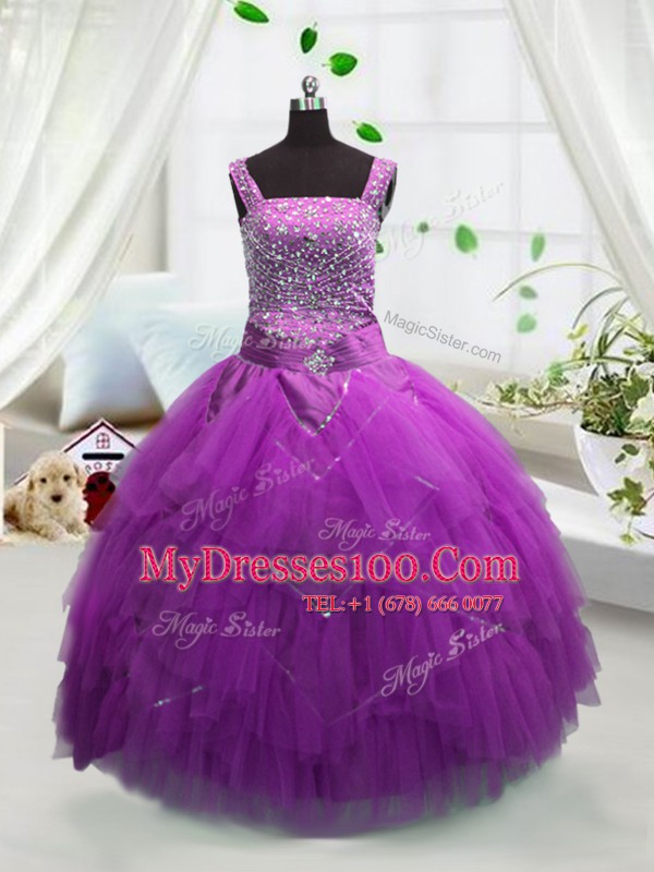 Delicate Fuchsia Sleeveless Beading and Ruffles Floor Length Flower Girl Dresses for Less