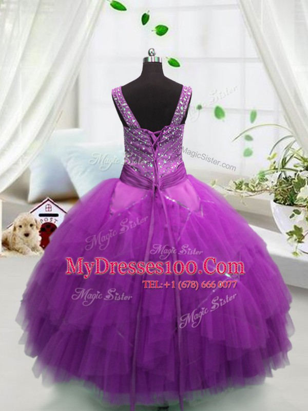 Delicate Fuchsia Sleeveless Beading and Ruffles Floor Length Flower Girl Dresses for Less