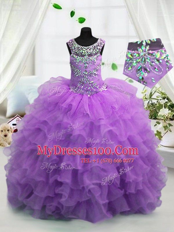 Stunning Ruffled Ball Gowns Flower Girl Dresses Lavender Scoop Organza Sleeveless Floor Length Lace Up