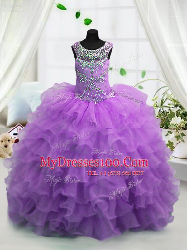 Stunning Ruffled Ball Gowns Flower Girl Dresses Lavender Scoop Organza Sleeveless Floor Length Lace Up