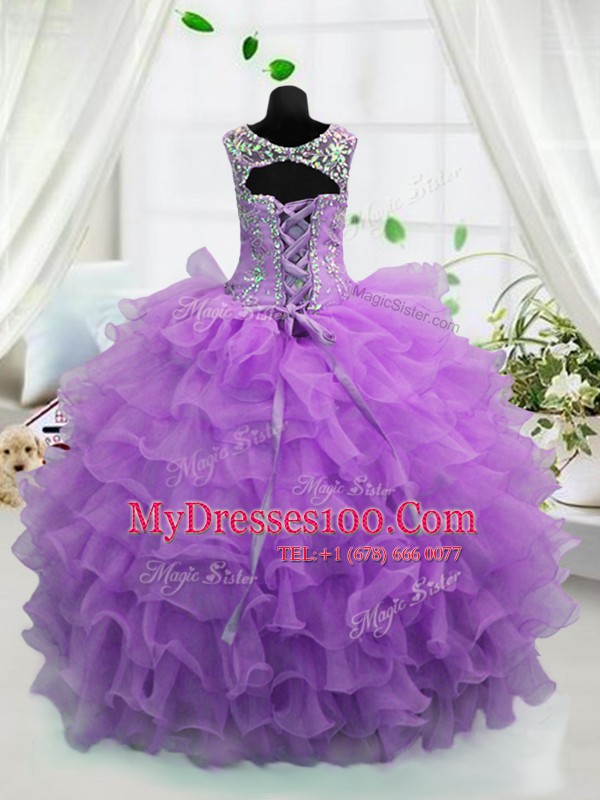 Stunning Ruffled Ball Gowns Flower Girl Dresses Lavender Scoop Organza Sleeveless Floor Length Lace Up