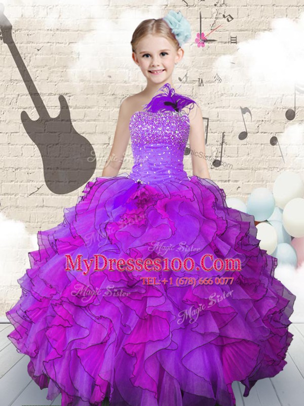 One Shoulder Sleeveless Lace Up Kids Pageant Dress Purple Organza