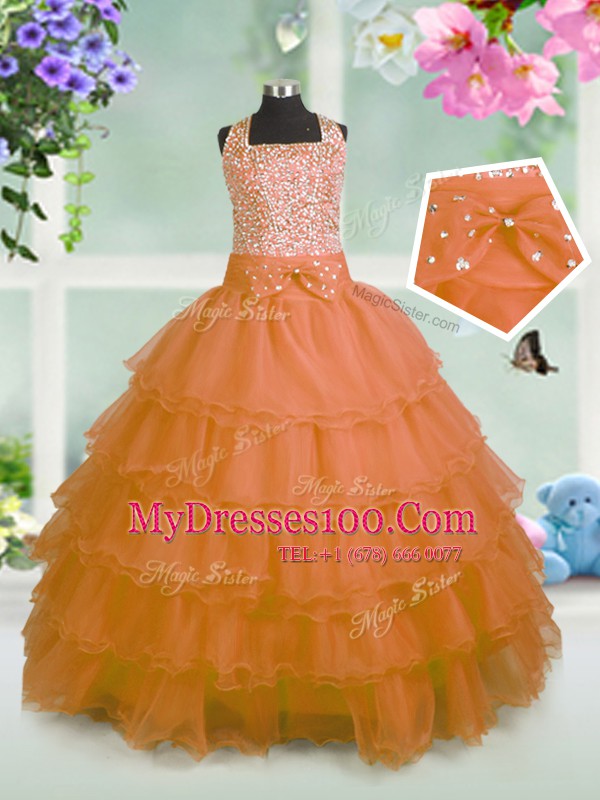 Orange Sleeveless Floor Length Beading and Ruffled Layers and Bowknot Zipper Little Girls Pageant Dress