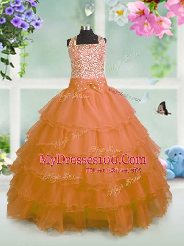 Orange Sleeveless Floor Length Beading and Ruffled Layers and Bowknot Zipper Little Girls Pageant Dress