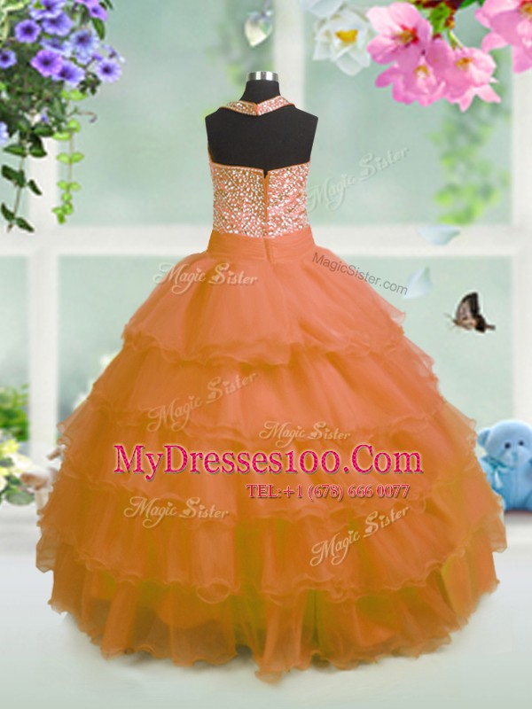 Orange Sleeveless Floor Length Beading and Ruffled Layers and Bowknot Zipper Little Girls Pageant Dress