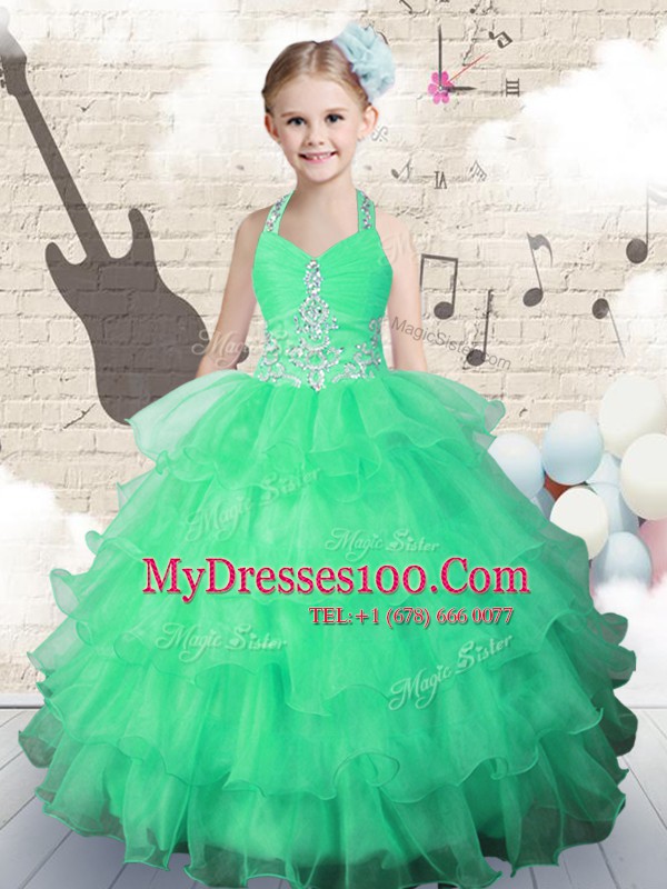 Halter Top Ruffled Floor Length Ball Gowns Sleeveless Green Flower Girl Dress Lace Up