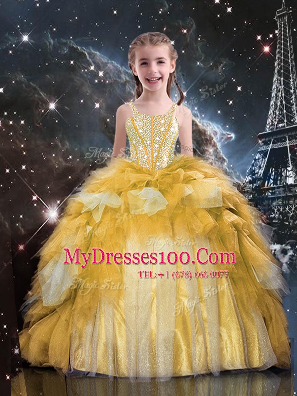Gold Toddler Flower Girl Dress Party and Wedding Party and For with Beading and Ruffled Layers Spaghetti Straps Sleeveless Lace Up