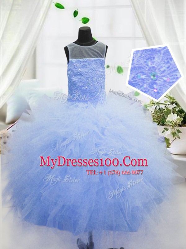 Scoop Sleeveless Zipper Little Girls Pageant Dress Baby Blue Organza