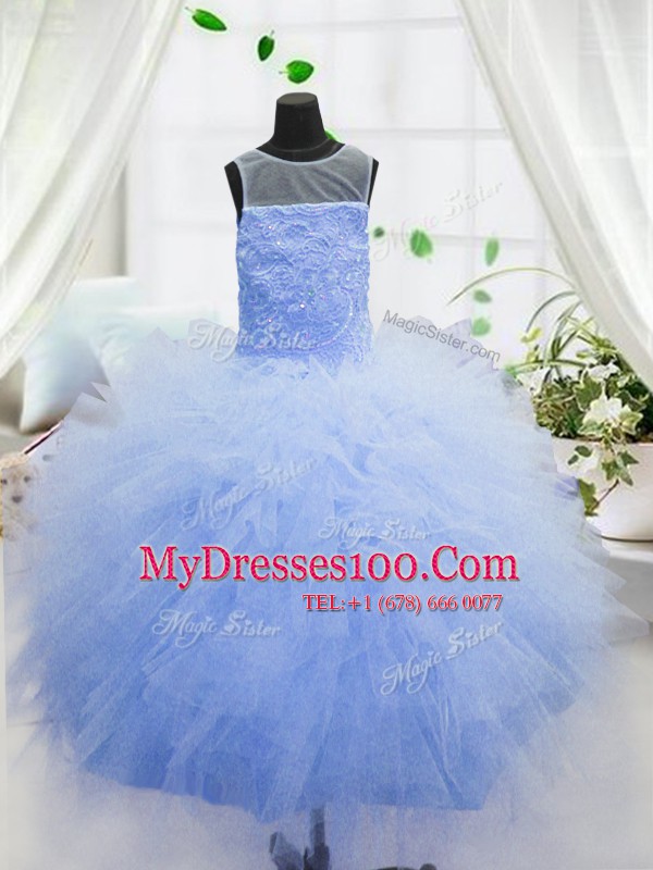 Scoop Sleeveless Zipper Little Girls Pageant Dress Baby Blue Organza