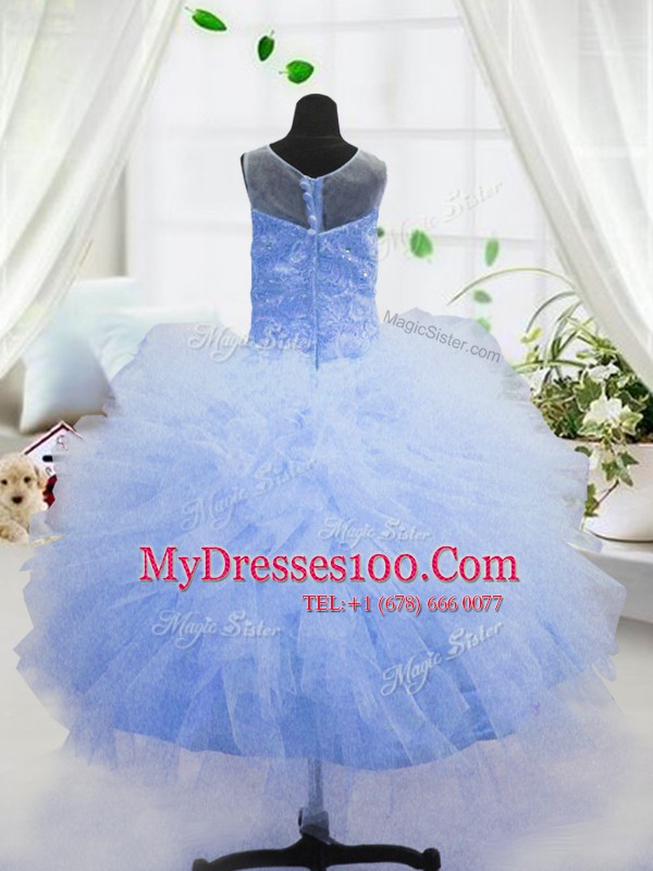 Scoop Sleeveless Zipper Little Girls Pageant Dress Baby Blue Organza