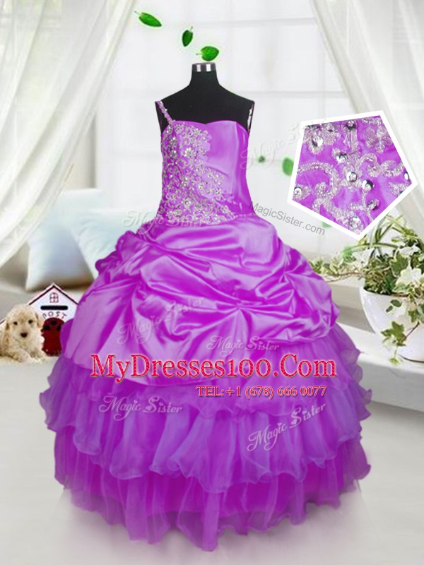 Free and Easy One Shoulder Floor Length Lavender Flower Girl Dress Satin and Tulle Sleeveless Beading and Ruffled Layers and Pick Ups