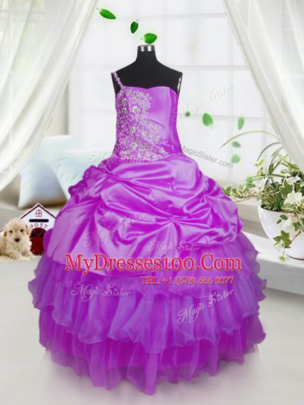 Free and Easy One Shoulder Floor Length Lavender Flower Girl Dress Satin and Tulle Sleeveless Beading and Ruffled Layers and Pick Ups
